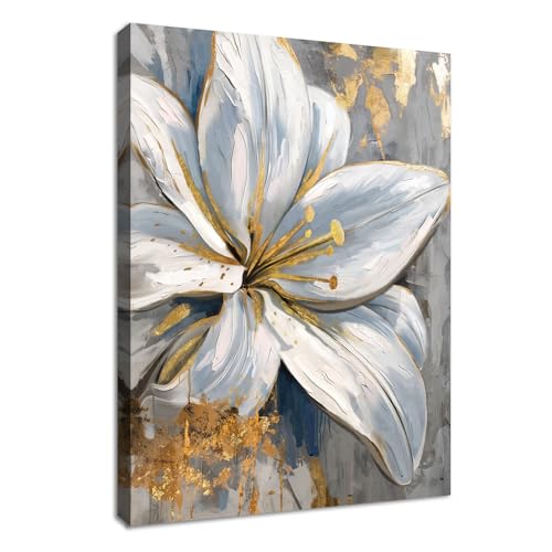 WENGTIAO Weiß Grau Gold Lilien Blumen Leinwand Bilder Kunstdrucke Gerahmtes Bild Aesthetic Minimalistisch Geblümt Malerei Wandbilder auf Leinwand Wohnzimmer Schlafzimmer Wanddeko 30x40 cm von WENGTIAO