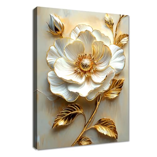 WENGTIAO Weiße Pfingstrose Blumen Leinwand Bilder Kunstdrucke mit Rahmen Aesthetic Goldene Blätter Weiß Blumen Bild auf Leinwand Wandbilder Wohnzimmer Schlafzimmer Deko 30x40cm von WENGTIAO