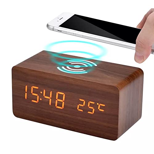 Wecker LED-Holzwecker Digital Qi Kabelloses Aufladen Tag Datum Temperatur 3 Alarmeinstellungen Einstellbare Helligkeit USB/batteriebetriebene Soundsteuerung für Nachttisch, Schlafzimmer, Wohnzimmer von WENIVO