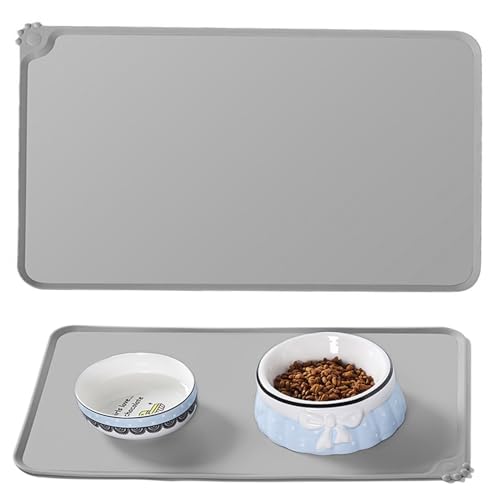 WENJIO Napfunterlage Hund Katzen, 48x30cm rutschfeste wasserdichte Futtermatte Silikon, Fressnapf Unterlage für Katzen und Hunde, Auslaufsicherer Platzdeckchen für Futternapf in Grau von WENJION