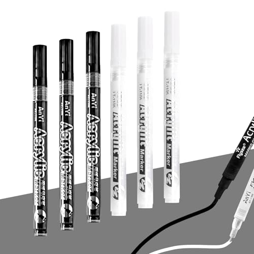 WENJIO Acrylstifte Set 6 Stück 3 Schwarz 3 Weiß Wasserfest Abwischbar Marker 0,7 mm für Kinder Schüler DIY Keramik Glas Holz Metall Kunststoff Stoff Papier Steine Bemalen von WENJION