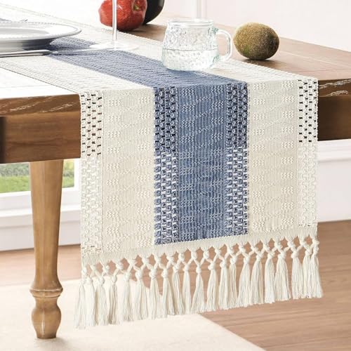 WENJION Boho Tischläufer Baumwolle Leinen mit Fransen 30x183cm Makramee Tischläufer Outdoor Rechteckig Deko für Esstisch Garten Party Hochzeit Frühling Sommer von WENJION