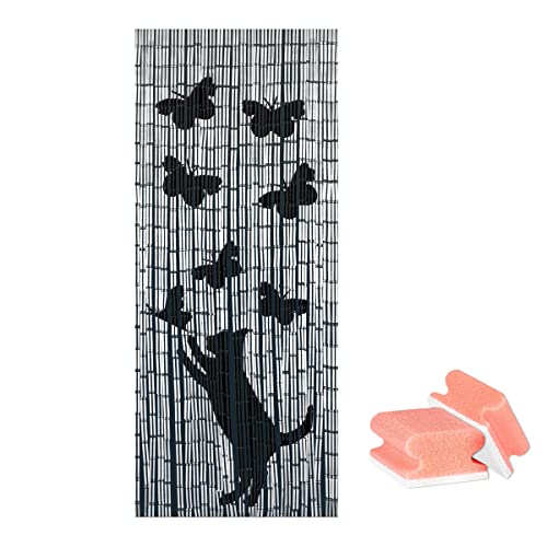 WENKO Bambusvorhang, Türvorhang mit Motiv, Katze und Schmetterlinge, Dekovorhang, Sichtschutz, Insektenschutz, Indoor und Outdoor, Handarbeit, einfache Aufhängung, mit Gratis 2er Set Schwämme von WENKO