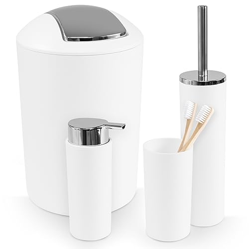 WENKO Calvo Badezimmer Zubehör Set 4-teilig Seifenspender Zahnputzbecher WC-Bürste Toilettenbürste WC-Garnitur Kosmetikeimer Badgarnitur Weiß von WENKO