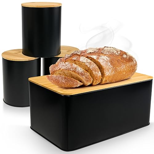 WENKO Brotkasten Schwarz [Luftdichter Deckel aus Bambus] Brotbox zur Brotaufbewahrung inkl. 3-er Set Vorratsdosen mit Deckel für Lebensmittel, Brot Aufbewahrungsbox, Bread Box, Brotkasten Metall von WENKO