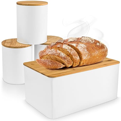 Brotkasten Brotaufbewahrung mit Bambusdeckel & Schneidebrett, inkl. 3-er Set Vorratsdose Aufbewahrungsdosen Frischhaltedosen zur Lebensmittelaufbewahrung Weiß von WENKO