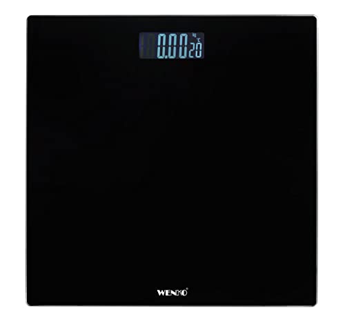 WENKO Personenwaage LCD, präzise, digitale Körperwaage aus Sicherheitsglas mit automatischer Ein-/Ausschaltfunktion und Step-On-Technologie, bis 150 kg, großes LCD Display, 28 x 2,2 x 28 cm, Schwarz von WENKO