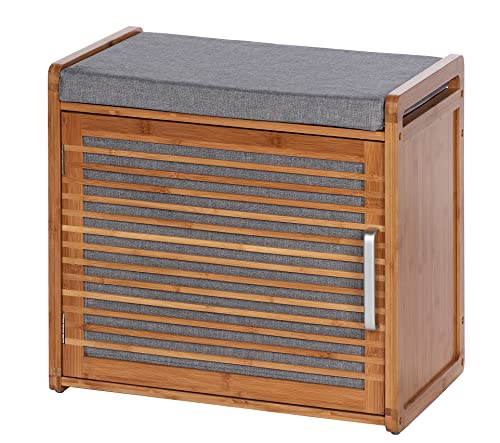 WENKO Schuhschrank Mod. Bahari mit bequemer gepolsterter Sitzfläche in Grau und 2 Ablagen für bis zu 4 Paar Schuhe aus robustem Bambus Maße 50 x 45 x 33 cm von WENKO