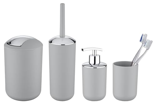 WENKO Bad-Accessoire Set Mod. Brasil, 4-teilig, Zahnputzbecher, Seifenspender, WC-Garnitur & Schwingdeckeleimer, für eine einheitliche Badausstattung, bruchsicherer Spezialkunststoff, Grau WENKO Bad-Accessoire Set Mod. Brasil, 4-teilig, Zahnputzbecher, Seifenspender, WC-Garnitur & Schwingdeckeleimer, für eine einheitliche Badausstattung, bruchsicherer Spezialkunststoff, Grau von WENKO
