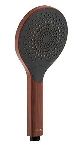 WENKO Duschkopf Watersaving Wood, wassersparende Handbrause in edler Holz-Optik aus Kunststoff, spart Wasser bei vollem Komfort mit 3 Strahl-Arten, ½“ Universalanschluss, Ø 12 cm, Braun/Schwarz von WENKO