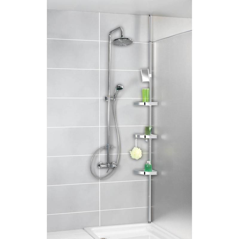 home24 Duschregal Premium II Stange, Haken, Blenden: Aluminium, gebürstet Ablagen: Kunststoff Silber 28 x 260 x 20cm von home24