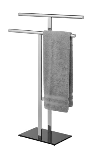 WENKO Handtuchhalter Lava T-Form, Handtuchständer mit 2 Armen, Kombination aus Rund- & Vierkantrohr aus glänzendem rostfreiem Edelstahl mit schwerer Sicherheitsglas-Bodenplatte, 50 x 81,5 x 20 cm von WENKO
