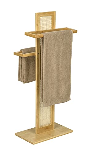 WENKO Handtuchständer Allegre, dekorativer Handtuchhalter aus hochwertigem Bambus und Rattan-Geflecht im trendigen Boho-Style, 2 Arme zum Aufhängen von Handtüchern oder Kleidung, 37 x 88 x 22 cm von WENKO