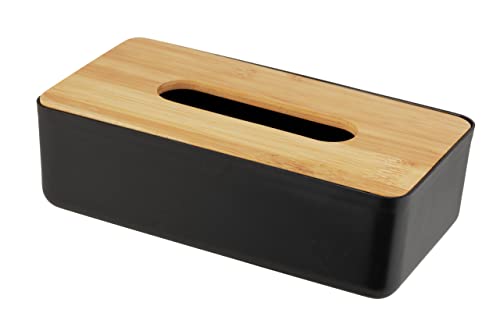 WENKO Kosmetiktuchbox Rotello, Box für Kosmetiktücher oder Taschentücher, Kunststoffbox mit Deckel aus Bambus, leichte Entnahme, zum Verstauen handelsüblicher Pappboxen, 24x7,5x12,7 cm, Schwarz/Natur von WENKO