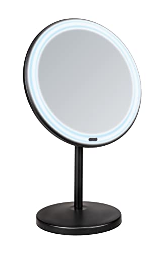 WENKO LED Stand-Kosmetikspiegel Onno, dimmbarer Spiegel mit LED-Beleuchtung und 5-fach Vergrößerung, Ein-/Ausschalten per Touch-Funktion, Betrieb mit Batterien oder USB-Kabel, 20x34x13,5 cm, Schwarz von WENKO