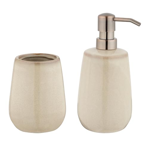 WENKO Seifenspender Mod. Sirmione freistehendes Bad-Accessoire Set aus Keramik beige mit Zahnputzbecher für Badezimmer Ø 8 x 17,5 cm 0,43 l WENKO Seifenspender Mod. Sirmione freistehendes Bad-Accessoire Set aus Keramik beige mit Zahnputzbecher für Badezimmer Ø 8 x 17,5 cm 0,43 l von WENKO