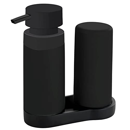 WENKO Easy Squeez-e Spülstation Schwarz, Kombination aus nachfüllbarem Spülmittel- und Seifenspender ideal für Bad, Küche und Gäste-WC, Fassungsvermögen ca. 250 ml je Dosierer, Maße 15 x 18 x 7 cm von WENKO