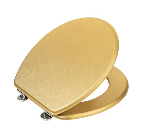 WENKO WC-Sitz Aldeno Gold matt, Toilettensitz aus MDF mit Edelstahl-Befestigung, foliert, dezente Holz-Struktur, Deckel: 37 x 41 cm von WENKO