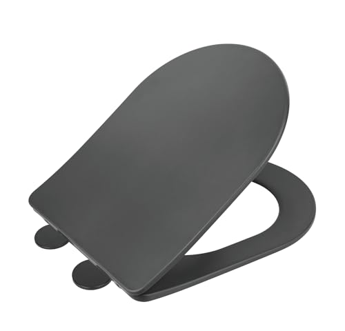 WENKO WC-Sitz Galati, flacher Toilettensitz in D-Form mit Absenkautomatik, aus Duroplast, Fix-Clip-Befestigung, Anthrazit matt von WENKO