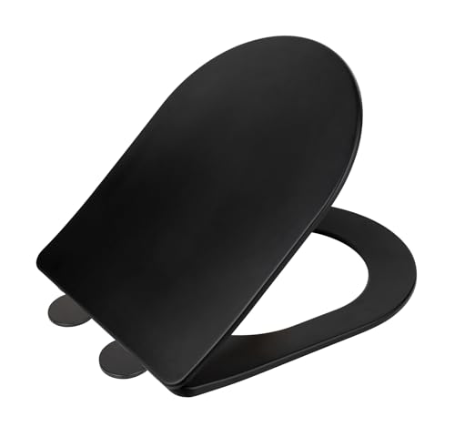 WENKO WC-Sitz Galati, flacher Toilettensitz in D-Form mit Absenkautomatik, aus Duroplast, Fix-Clip-Befestigung, Schwarz matt von WENKO