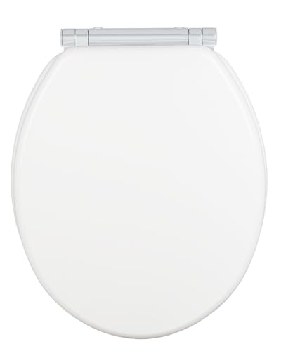 WENKO WC-Sitz Morra, Toilettensitz mit durchgehendem Scharnier und Absenkautomatik aus mehrfach lackiertem FSC-zertifiziertem MDF, WC-Deckel mit Fix-Clip Hygienebefestigung, 35 x 42 cm, Weiß glänzend von WENKO