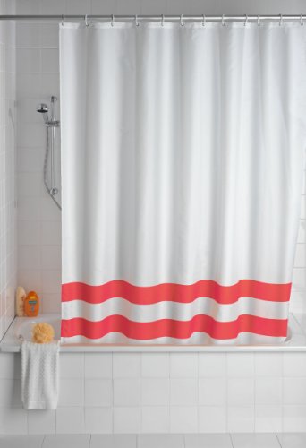 WENKO 19246100 Duschvorhang Tropic Red - waschbar, mit 12 Duschvorhangringen, Kunststoff - Polyester, Weiß von WENKO