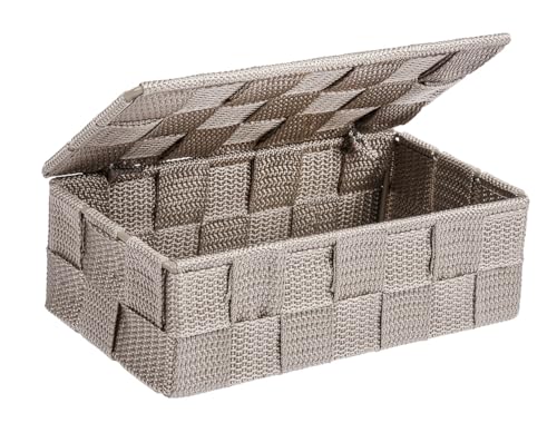 WENKO Aufbewahrungskorb mit Deckel Adria Taupe Mini - Aufbewahrungsbox, Badkorb mit Deckel, Polypropylen, 18 x 6.5 x 10 cm, Taupe von WENKO