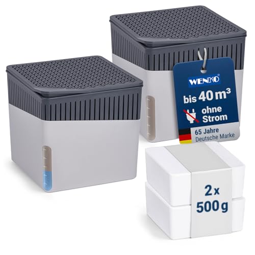 WENKO Raumentfeuchter Mod. Cube, 2er Set, je 500 g Entfeuchter Granulat, für Räume bis 40 m³, beugt Schimmel und Gerüchen vor, ohne Strom, geräuschlos, nachfüllbar, Grau von WENKO