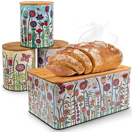 WENKO Brotkasten Brotbox Garden aus Metall mit luftdichten Bambus Deckel rechteckig, inkl. 3-er Set Vorratsdose Aufbewahrungsdosen zur Lebensmittelaufbewahrung für Küche, Wohnzimmer und Badezimmer von WENKO