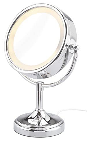 WENKO 3656290100 Kosmetik-Standspiegel Touch - beleuchtet, 100% und 500%, Chrom, Ø 20 cm Spiegel von WENKO