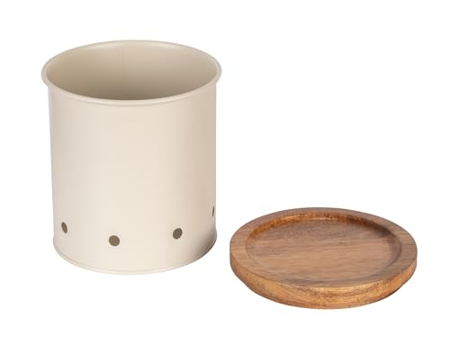 WENKO 54046100 Aufbewahrungsdose Aria 1,6 Liter, Metalldose mit Akazienholz-Deckel, luftdurchlässig, Ø 13,5 x 15 cm, Beige, pulverbeschichtetes Metall, Creme von WENKO