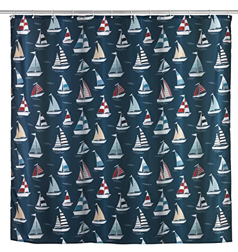 WENKO Duschvorhang Regatta, stilvoller Textil-Vorhang für Dusche und Badewanne, waschbar, wasserabweisend, mit 12 Ringen zur Befestigung an der Duschstange, 180 x 200 cm, mehrfarbig von WENKO