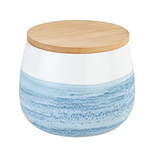 WENKO Aufbewahrungsdose Mala 0,7 L, hochwertige Keramikdose in Weiß mit Aquarell-Dekor in Blau, FSC zertifizierter Bambusdeckel mit Silikonring zur luftdichten Aufbewahrung, 13 x 10,5 cm von WENKO