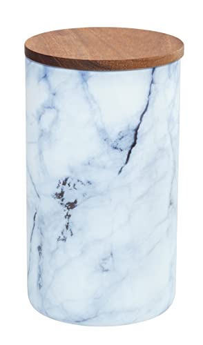 WENKO Aufbewahrungsdose Mio, Vorratsdose aus Borosilikatglas in Marmor-Optik in Blau/Weiß mit luftdicht verschließbarem Deckel aus FSC zertifiziertem braunen Akazienholz, 1,4 L, 11 x 19 cm von WENKO
