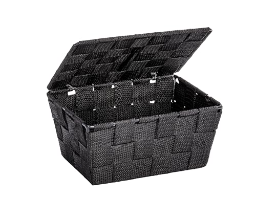 WENKO Aufbewahrungskorb mit Deckel Adria Schwarz - Badkorb, Polypropylen, 19 x 10 x 14 cm, Schwarz von WENKO