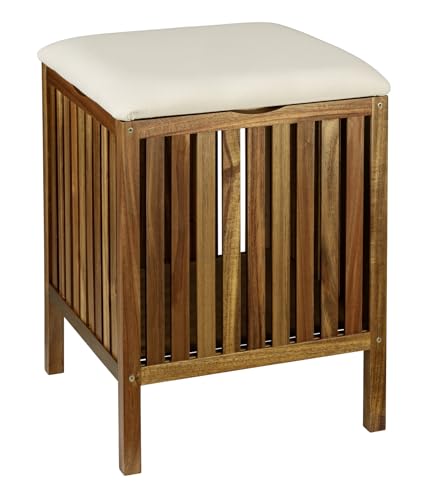 WENKO Bad- & Wohnhocker Mod. Fondi aus massivem Akazienholz mit abnehmbarem Deckel und beigem Sitzpolster Maße 39 x 52 x 39 cm Farbe Braun Beige von WENKO