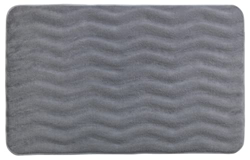 WENKO Badematte Memory, rutschhemmend, flauschiger Badteppich in Hellgrau mit Wellen-Optik für Badezimmer und Gäste-WC, dekorative hochflorige, schwere Oberfläche aus 100% Polyester, 50 x 80 cm von WENKO