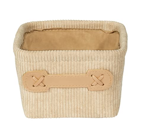 WENKO Badkorb Anela Square, Korb zum Aufbewahren und Ordnen von Badutensilien und Accessoires in weichem Cord-Design aus 100 % Polyester, mit kleinem Griff aus Kunstleder, 14 x 9 x 14 cm, Beige von WENKO