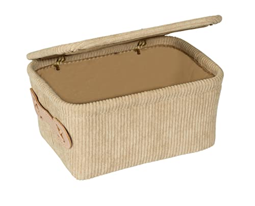 WENKO Badkorb Anela mit Deckel, Korb in weichem Cord-Design aus 100% Polyester mit Griff aus Kunstleder zum Aufbewahren und Ordnen von Badutensilien und Accessoires, 19 x 10 x 14 cm, Beige von WENKO