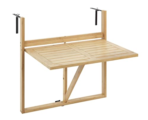 WENKO Bambus Balkon-Klapptisch Waikiki, Tisch zum Einhängen am Balkon-Geländer mit stufenlos einstellbaren Wandhaltern und herunter klappbarer Tischplatte aus lackiertem Bambus, 64 x 65 x 44 cm von WENKO