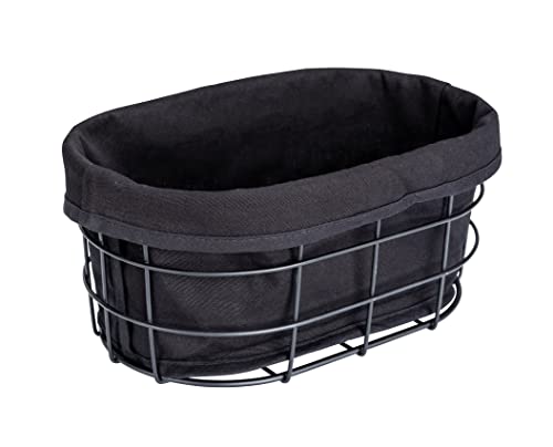 WENKO Brotkorb Bela, Black Outdoor Kitchen Korb für Brot, Brötchen und Baguette aus pulverbeschichtetem Metall mit herausnehmbarer, waschbarer Einlage aus 100 % Baumwolle, 27 x 17 x 11,5 cm, Schwarz von WENKO