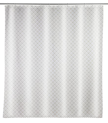WENKO Duschvorhang Cubique, 180 x 200 cm, Vorhang aus 100 % Polyester mit Metallösen & Gummi-Gewichtsband für Dusche und Badewanne, wasserabweisend & waschbar, inkl. 12 weißen Duschvorhangringen von WENKO
