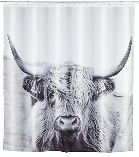 WENKO Duschvorhang Mod. Yak, hygienischer Textil-Vorhang, waschbar, wasserabweisend & pflegeleicht, mit 12 Ringen zur Befestigung an der Duschstange, 180 x 200 cm, Weiß/Schwarz von WENKO