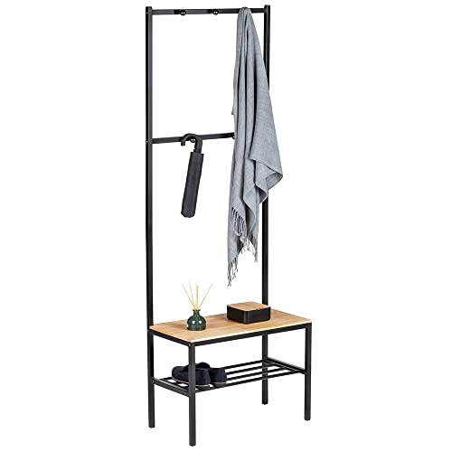 WENKO Garderobenständer Geo, Garderobe mit Sitzbank aus natürlichem Kiefernholz, Jackenständer mit Schuhregal aus schwarzem Metall, Flurgarderobe im Industrie-Design, 59 x 165 x 30 cm, Schwarz/Braun von WENKO