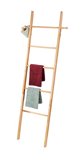 WENKO Handtuchleiter Norway, hochwertige Leiter für Handtücher & Kleidung im Scandi-Style, mit 5 Handtuchstangen und 2 Haken, beliebig positionierbar, aus massivem Walnussholz geölt, 43 x 170 x 4 cm von WENKO