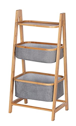 WENKO Haushaltsregal Bahari, hochwertiges Regal aus nachwachsendem Bambus mit 2 großen offenen Körben aus 100% grauem Polyester und Einer Ablage für zusätzlichen Stauraum, 44 x 91 x 34 cm, Natur/Grau von WENKO
