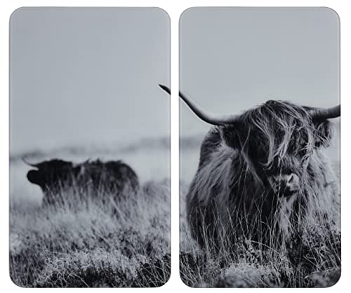 WENKO Herdabdeckplatte Universal Highland Cattle, 2er Set, Herdabdeckung für alle Herdarten, Gehärtetes Glas, 30 x 52 cm, grau von WENKO