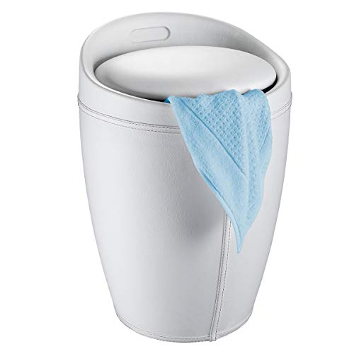 WENKO Badhocker Candy Leder Optik Weiß, Hocker mit Stauraum für das Badezimmer und Wohnzimmer, integrierter Wäschesammler, ABS-Kunststoff, BPA-frei, Fassungsvermögen 20 L, Ø 36 x 50,5 cm von WENKO