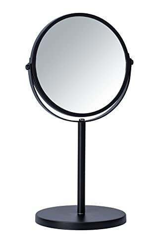 WENKO Kosmetik-Standspiegel Assisi Ø 17 cm Schwarz - schwenkbarer Schminkspiegel mit 3-fach Vergrößerung, Spiegelfläche ø 16 cm 300 % Vergrößerung, Stahl, 18.5 x 34.5 x 15 cm, Schwarz von WENKO