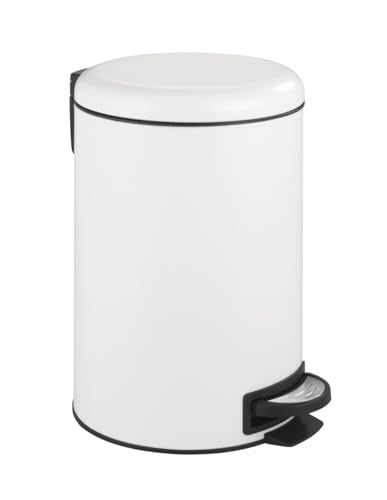 WENKO Küchen Abfalleimer Mod. Leman, 12 Liter, Mülleimer mit Absenkautomatik, Tretfunktion, herausnehmbarem Einsatz, aus lackiertem Stahl, 25 x 38 x 32 cm, Weiß matt von WENKO
